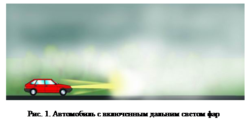 Надпись:  
Рис. 1. Автомобиль с включенным дальним светом фар
