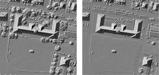 Сканы городского ландшафта по первому и последнемы отражению. Фильтрация растительности и выделение реального ландшафта